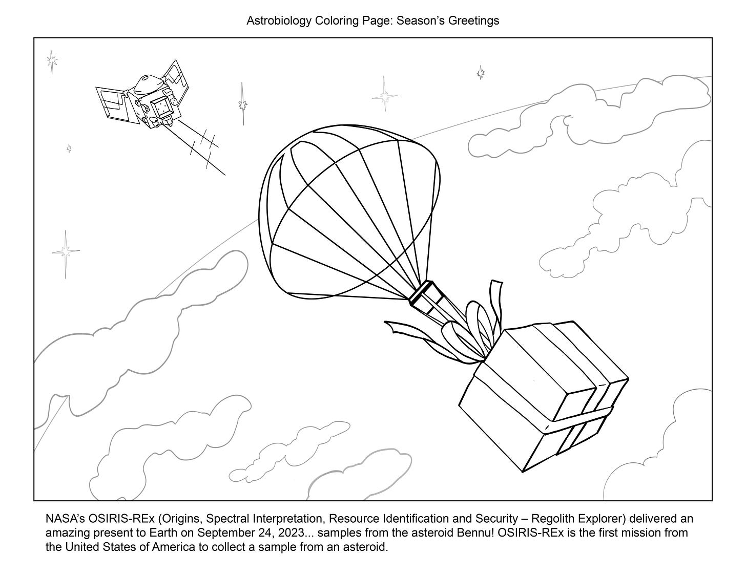 Coloring page featuring NASA’s OSIRIS-REx delivery of samples to earth