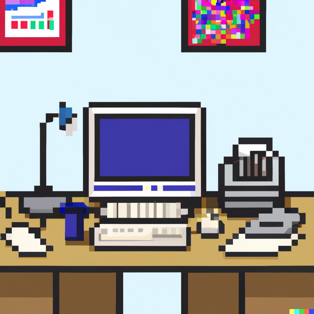 DALL-E image of a computer desk in pixel art style