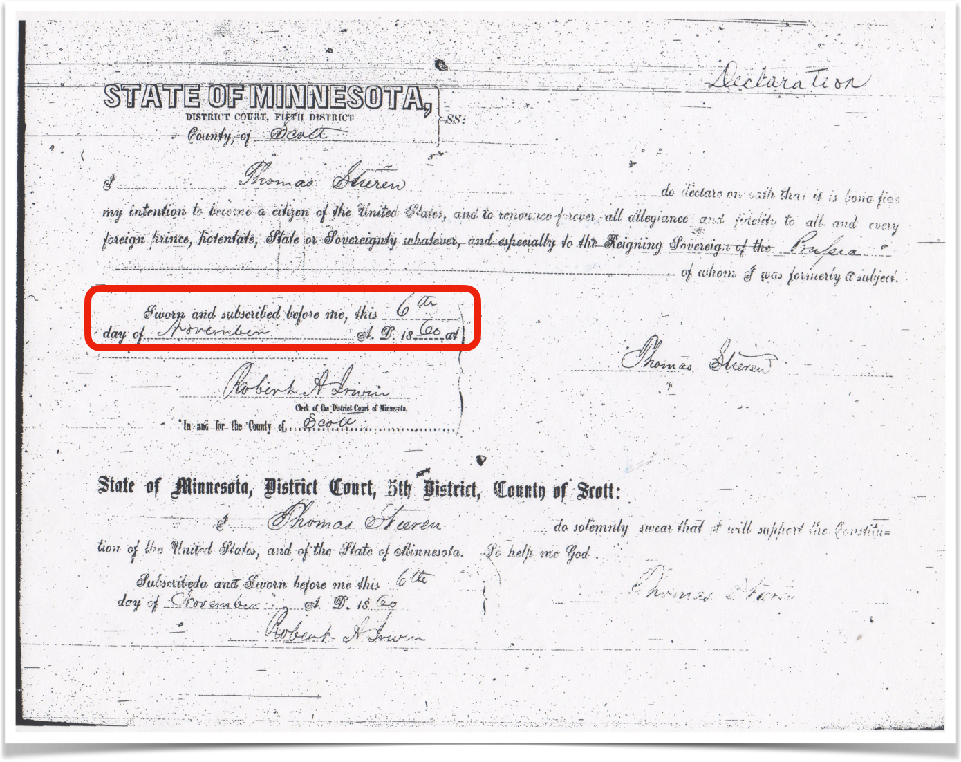 An image of a form for declaring citizenship to the United States from 1860. The form is filled out in cursive handwriting.