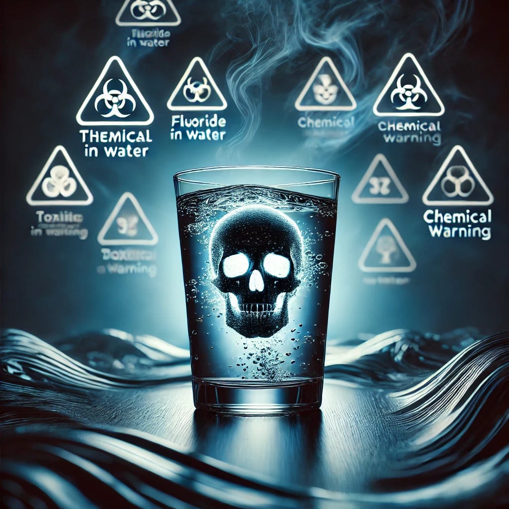 A striking image depicting the dangers of fluoride in water, featuring a dramatic concept of a glass of water with a skull subtly emerging in the liquid, symbolizing toxicity. The background is ominous, with dark swirling water waves and faint chemical warning symbols. The focus is on the glass, glowing faintly under harsh lighting to emphasize the contrast and create an eerie effect. The scene is minimalistic but powerful, with no text included.