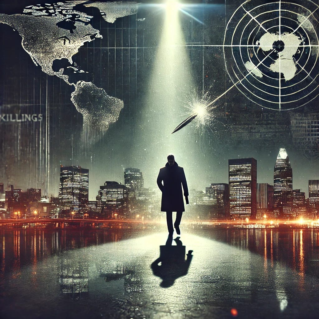 A compelling and intense visual representation of political killings for a business newsletter cover. The image features a dark urban skyline with a lone, shadowy figure walking away from a dramatic spotlight illuminating a pool of light on the ground. Subtle overlays include fragmented documents, a faint world map, and a symbolic cracked clock face to signify time and geopolitics. The overall tone is serious and reflective, emphasizing intrigue and global consequences.