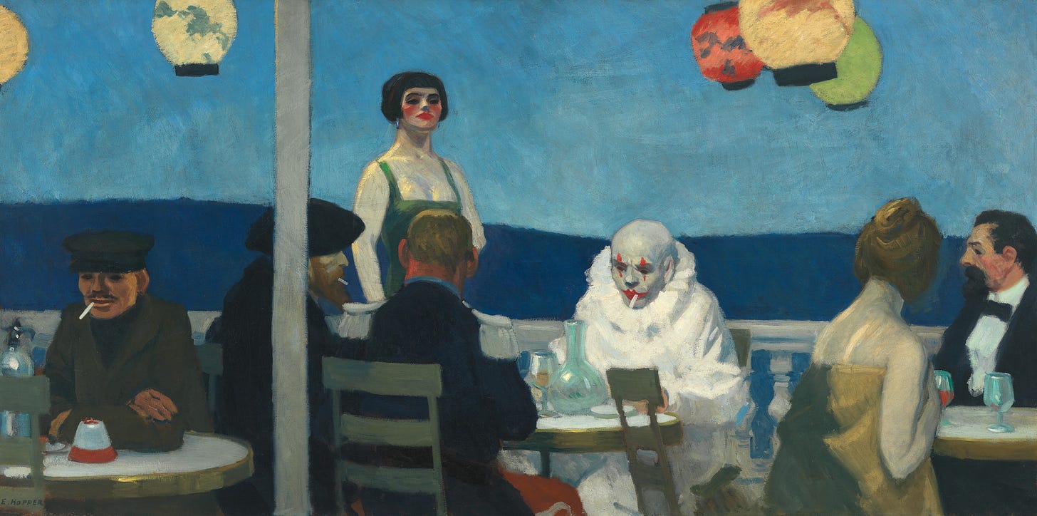 On a balcony, six figures in eclectic attire sit at dining tables and make no eye contact. 