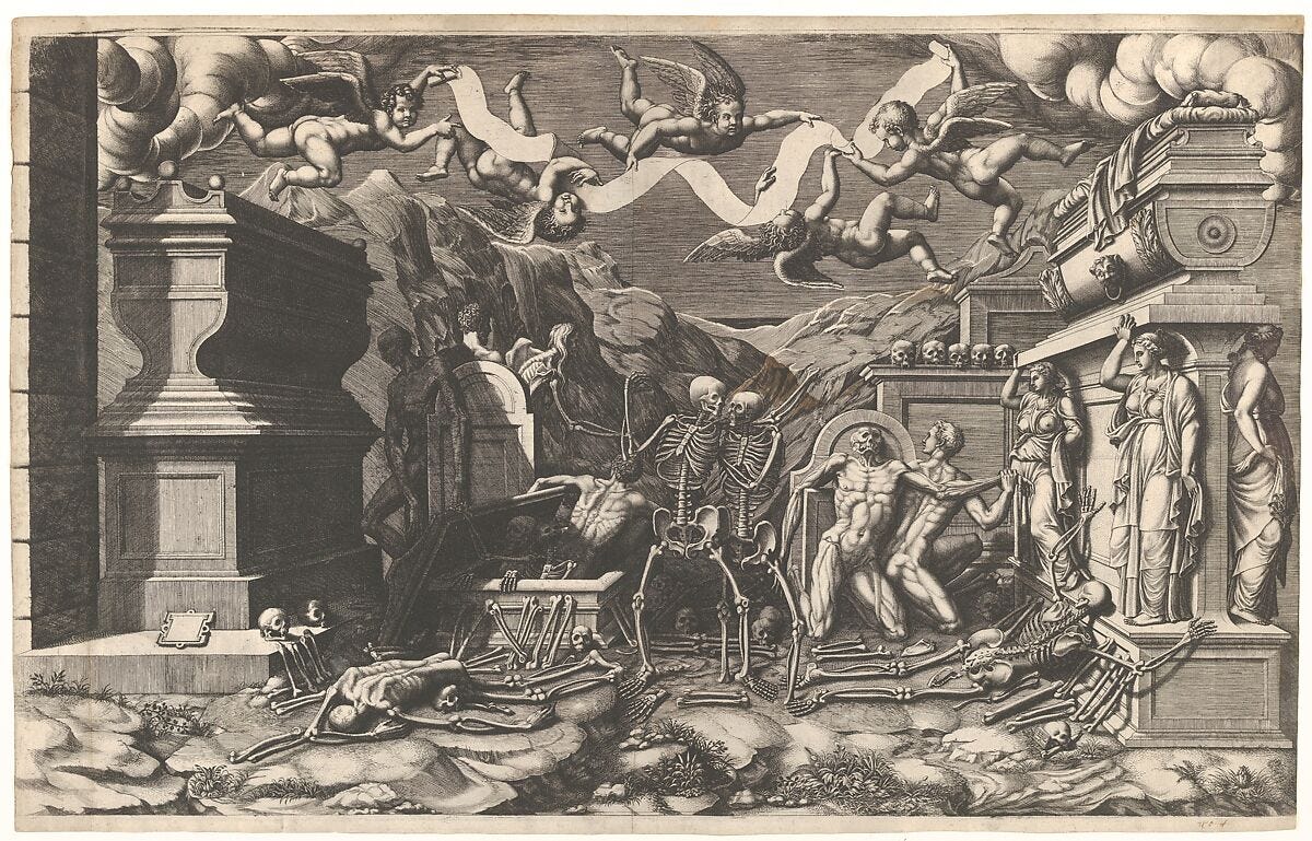 Giorgio Ghisi | The Vision of Ezekiel; a group of corpses and skeletons  emerging out of tombs, above them five winged putti holding a banderole |  The Metropolitan Museum of Art