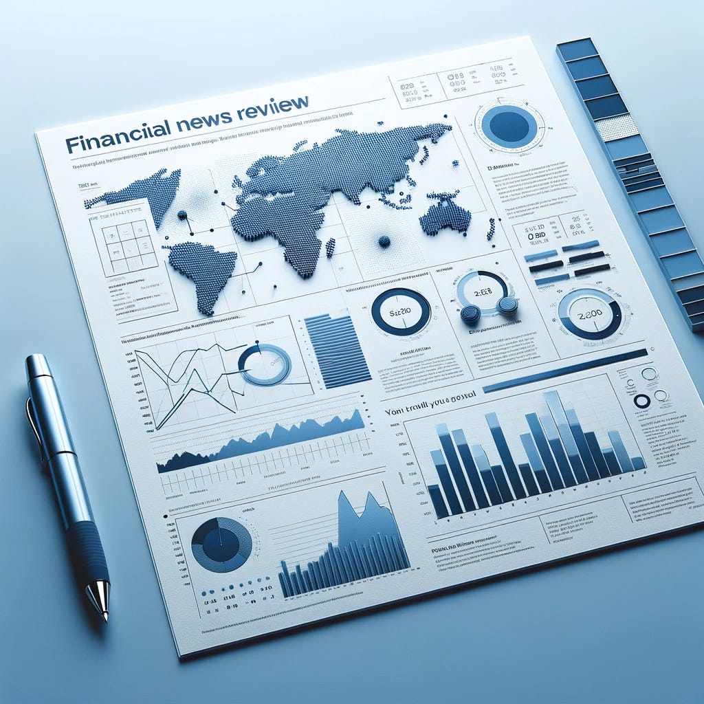 Design an ultra-minimalist financial news review layout in sophisticated blue tones. The layout should present the absolute essentials of financial information with maximum clarity: a world map, a few key line graphs, and bar charts with minimal labeling. No text other than necessary titles or data points should be included. The layout should be placed on a clean, smooth surface with a single, high-quality pen beside it, emphasizing the uncluttered, focused nature of the financial presentation. The overall color scheme should consist of various calming shades of blue to underline the serene, professional atmosphere.