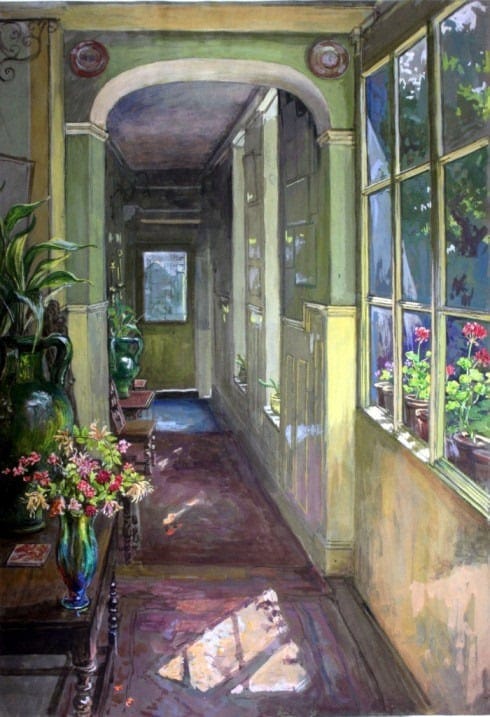 A long corridor in a classy old wooden house leads away from the viewer. There are pot plants in the hall and a garden can be seen through the window. Sun shines in through the window. The atmosphere is welcoming and calm.