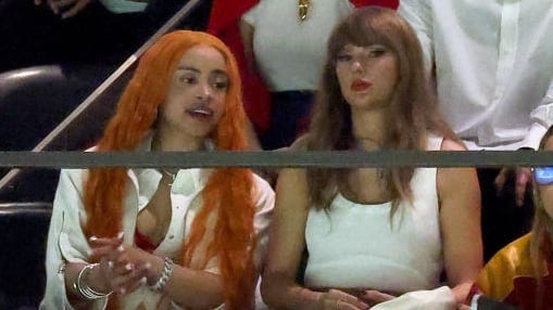 (L-R) Ice Spice, Ashley Avignone, and Taylor Swift attend Super Bowl LIX at Caesars Superdome on February 09, 2025 in New Orleans, Louisiana.