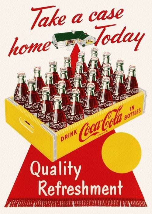 an old coca - cola advertisement is displayed on a white background with red and yellow accents