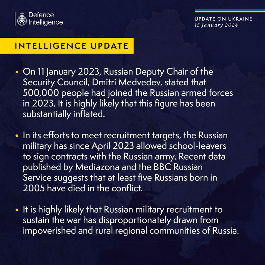 On 11 January 2023, Russian Deputy Chair of the Security Council, Dmitri Medvedev, stated that 500,000 people had joined the Russian armed forces in 2023. It is highly likely that this figure has been substantially inflated.

In its efforts to meet recruitment targets, the Russian military has since April 2023 allowed school-leavers to sign contracts with the Russian army. Recent data published by Mediazona and the BBC Russian Service suggests that at least five Russians born in 2005 have died in the conflict.

It is highly likely that Russian military recruitment to sustain the war has disproportionately drawn from impoverished and rural regional communities of Russia.