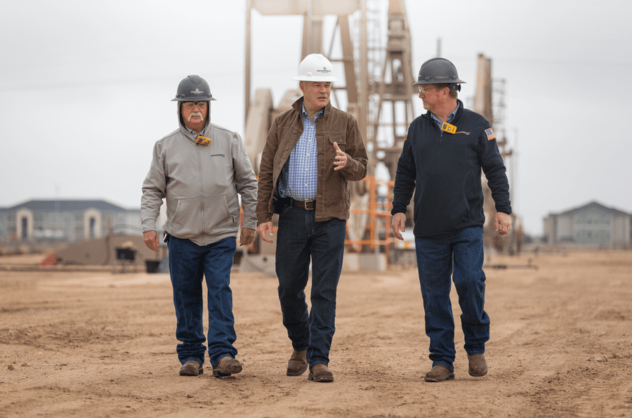 API’s Mike Sommers (C) tours Diamondback Energy with employees Rick Lewis (L) and Carey Matthews (R) in Midland, TX.