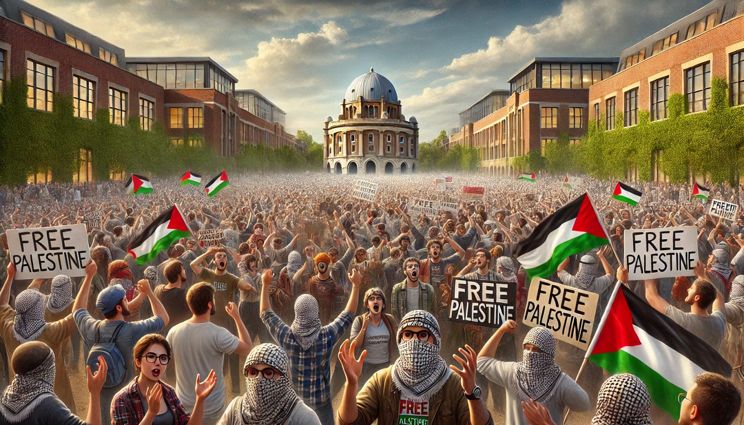 A realistic digital painting of an intense pro-Palestine protest on a university campus. The crowd of diverse protesters, wearing keffiyehs and holding signs with slogans like 'Free Palestine,' passionately shout and raise their fists. Palestinian flags are prominently waved in the air. The campus setting features modern university buildings, trees, and a wide plaza. The sky is overcast, adding a dramatic tone, with a mix of natural light and shadow to heighten the emotional intensity. Detailed textures in clothing and facial expressions convey urgency and solidarity.