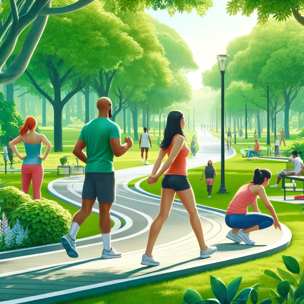A serene park setting depicting a diverse group of adults engaging in moderate-intensity exercises. Includes a Caucasian woman, an African American man, and an Asian woman walking, stretching, and light jogging. The scene features lush greenery with a clear path winding through the park, conveying a sense of community and therapeutic inclusivity. The image is vibrant, detailed, and free of any alphanumeric characters, focusing purely on the exercise activities and natural environment.