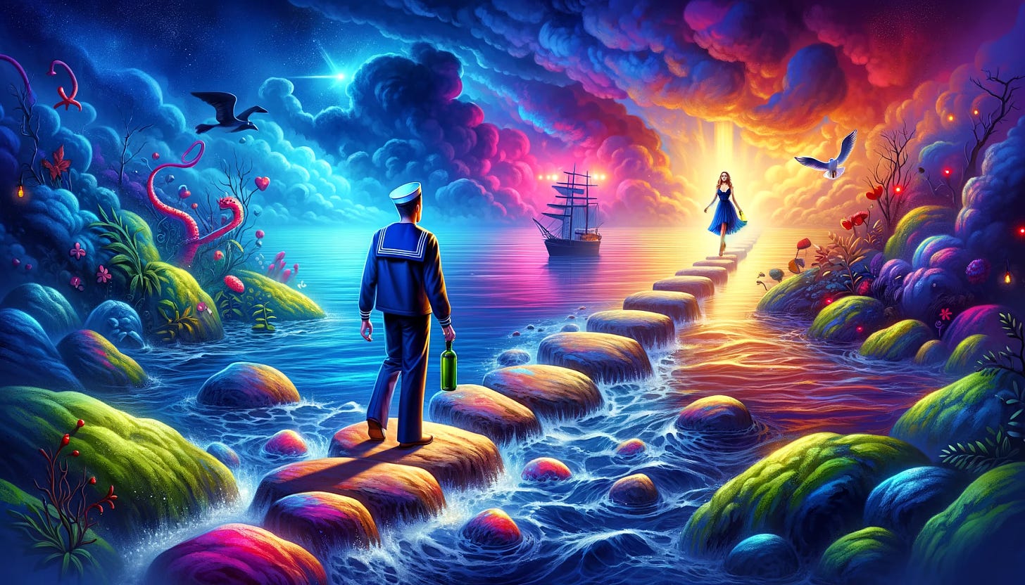 Create a landscape-oriented, vibrant and colorful illustration of a sailor at sea, making a choice between two diverging paths on floating rocks. The sailor, in a vivid navy blue sailor suit, stands at the center holding a bottle of alcohol. To one side, a path of brightly colored floating rocks leads to a pretty lady under a spotlight. She is elegantly dressed in a radiant dress, symbolizing a clear goal. The other path is dark and misty, fading into a gloomy void, representing distractions. The sea is depicted with deep blues and reflective water, enhancing the overall surreal and imaginative ambiance of the scene.