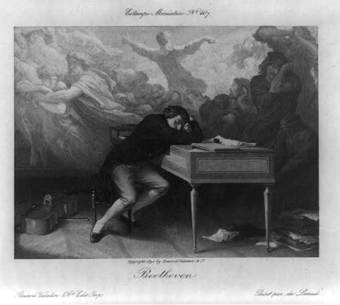 Engraved portrait of Ludwig van Beethoven seated with eyes closed, leaning on a piano—symbolizing flawed genius and the transcendent power of human creation.