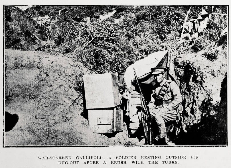 War-scarred Gallipoli: a soldier resting outside his dug-out after a brush with the Turks