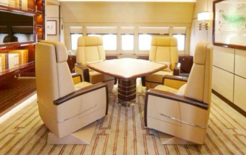 A table and four chairs in the private office, which also has built-in bookshelves, a monitor and a private bathroom. A table and four chairs in the private office, which also has built-in bookshelves, a monitor and a private bathroom.