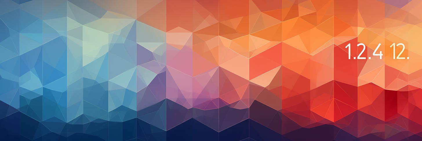 This panoramic image displays a geometric pattern of triangles in a low-poly style that transitions from cool blues on the left to warm reds and oranges on the right. The pattern gives the impression of a digital abstract landscape or backdrop. Numerical values "1.2.4" and "12." are overlaid on the right side of the image, suggesting a possible data element, versioning, or simply an artistic inclusion. The overall design is modern and could be used as a visual representation for data, a background for a user interface, or as abstract art.