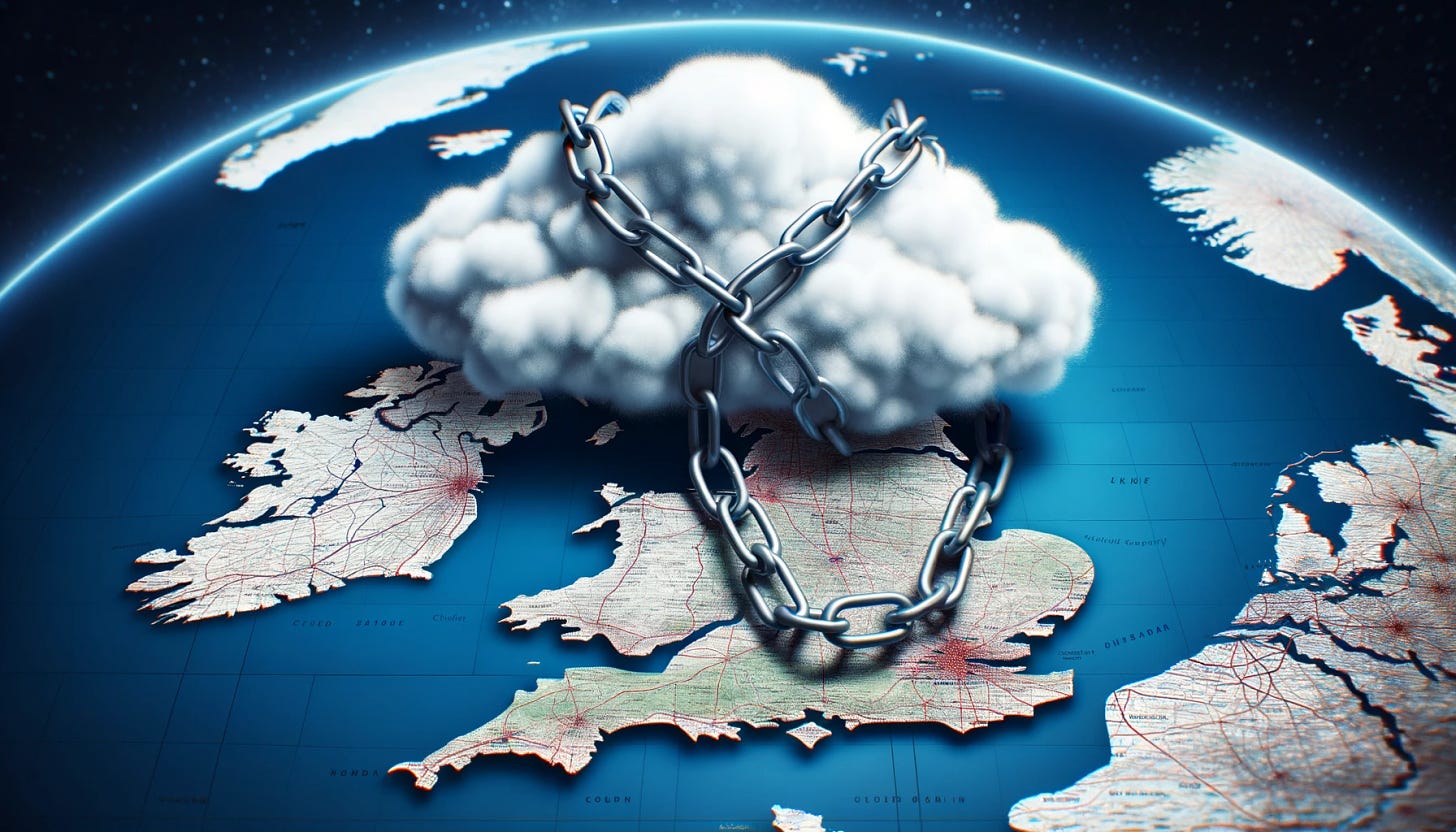 Photo of a large cloud superimposed over a map of the UK, with chains wrapping around the cloud, symbolizing restrictions and barriers in the cloud services market.