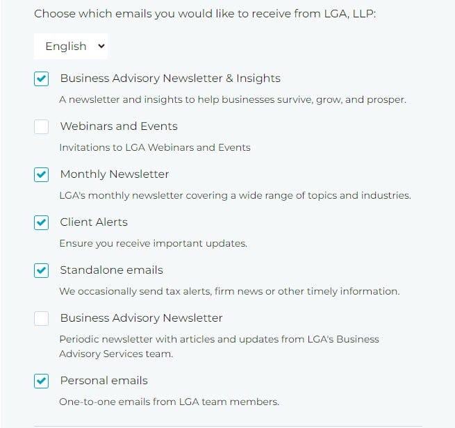 LGA email preference options showing Business Advisory newsletter & insights, webinars and events, monthly newsletter, client alerts, standalone emails, Business Advisory Newsletter, and personal emails options 