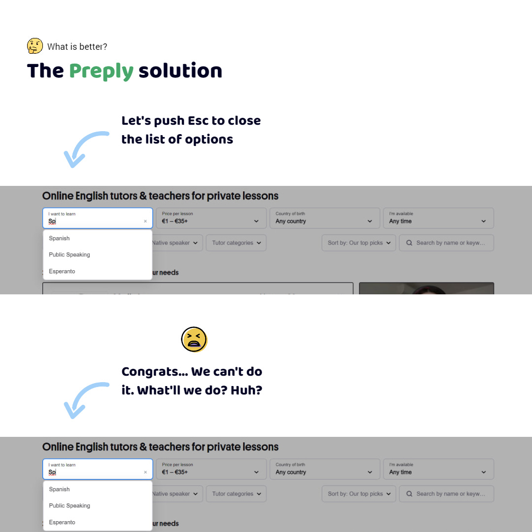 The Preply app. I need to find a teacher for English. I am in the field for searching. I typed a few letters. I see a list of languages below. I press Esc. Again. Nothing reaction
