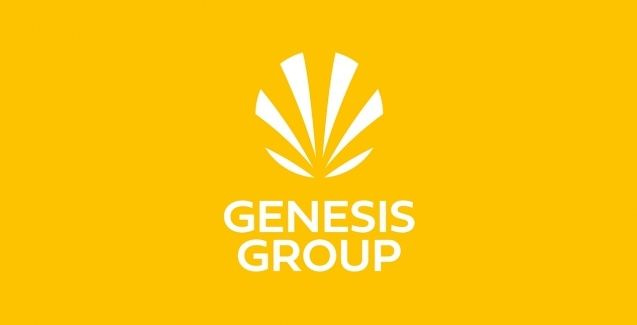 Logo Genesis Group em letras brancas em fundo amarelo.
