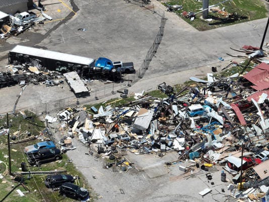 This handout photo taken on May 26, 2024, courtesy of Jacob Chambers shows an aerial view of widespread damage from a tornado in Valley View, Texas.