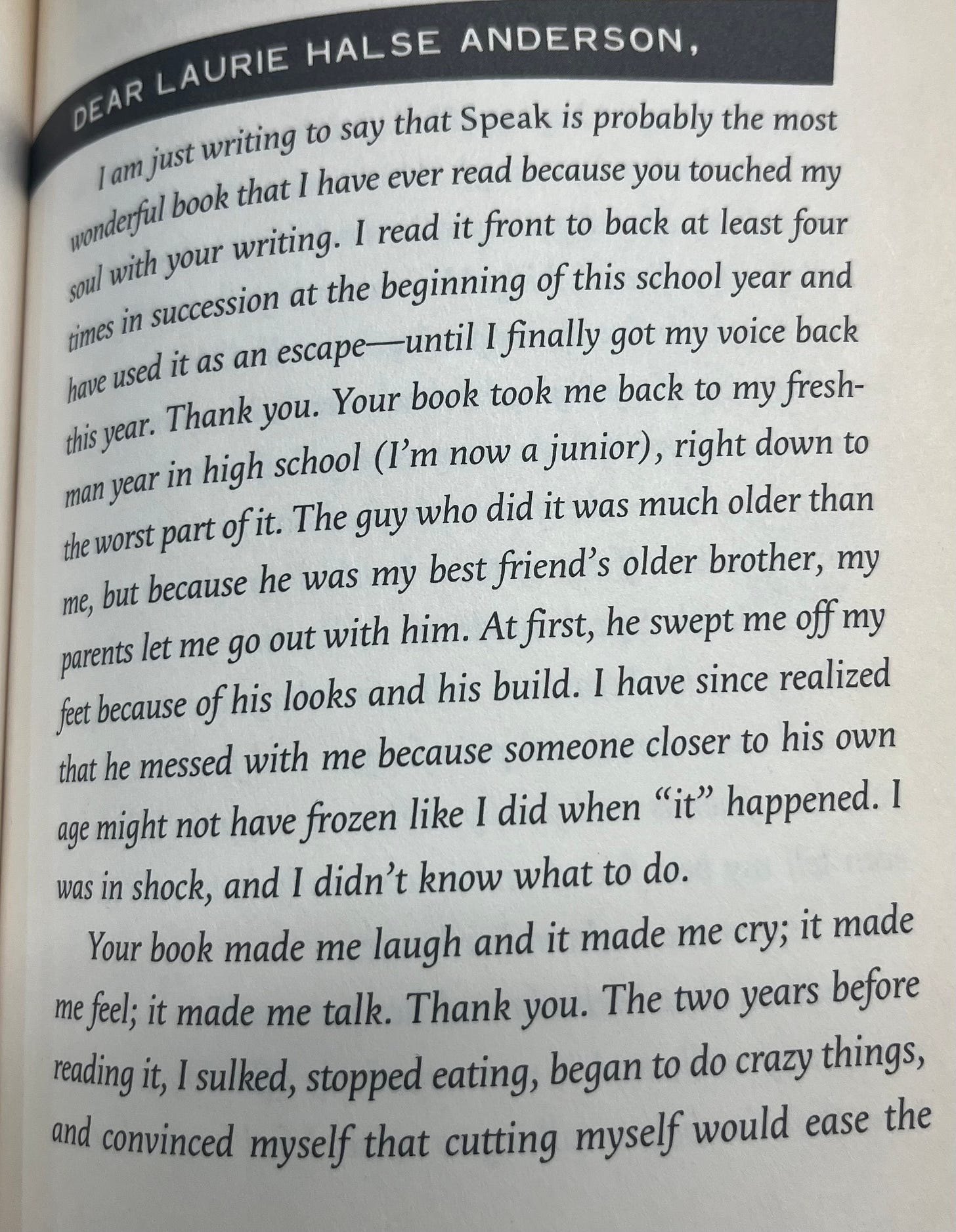 The text of a letter to Laurie Halse Anderson about a teen rape. 