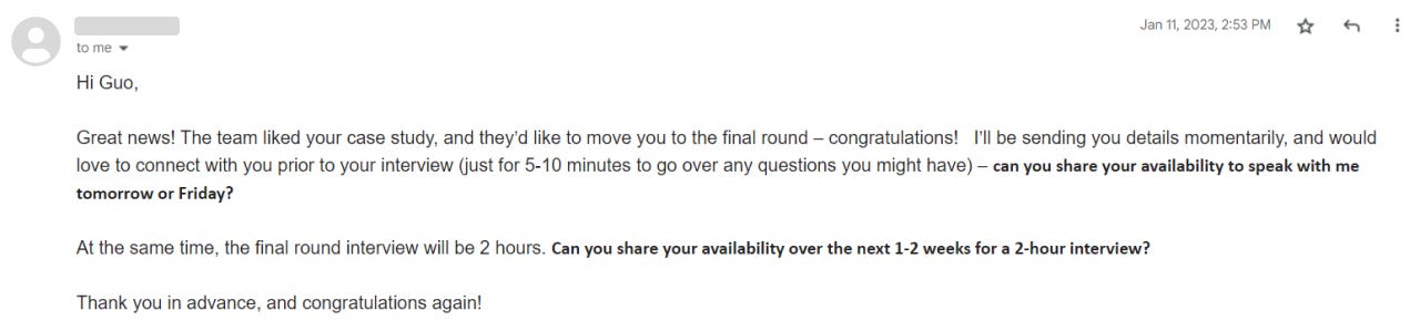 Email from recruiter telling me that I would move to the final round