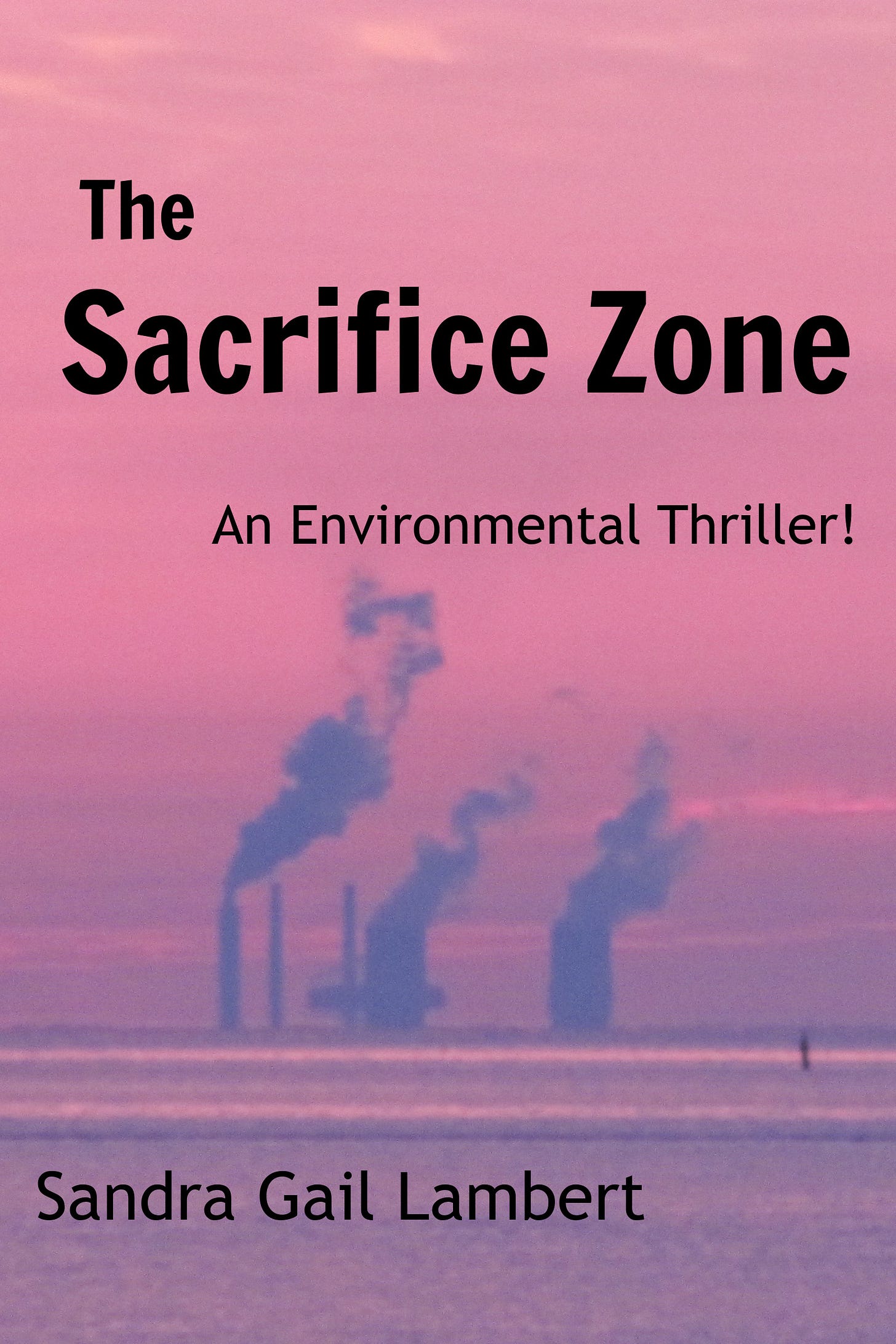 A book cover with the text "The Sacrifice Zone: An Environmental Thriller by Sandra Gail Lambert" The background is pink and there is the blurred image of a power plant stacks spewing smoke in the distance over water. 