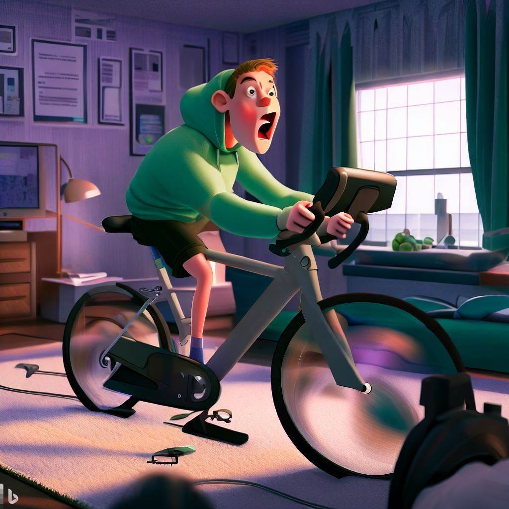 An illustration of a man wearing a green hoodie franticly riding a Peloton bike in his bedroom