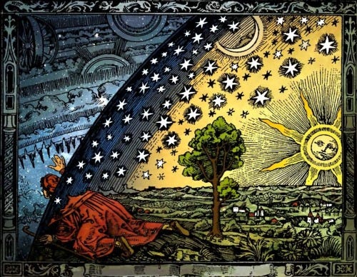 thecactifindahome:pathofregeneration:Man peering through the sky at the cosmic spheresEngraving from