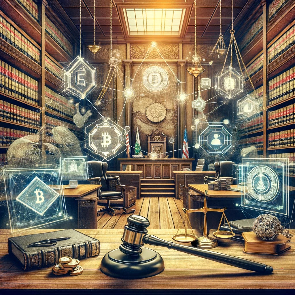 Visualize the concept of the early stages of blockchain technology adoption in the legal sector. Picture a scenario where a traditional courtroom or law office is beginning to integrate blockchain technology. The image should capture a blend of old and new, with classic legal symbols such as law books, scales of justice, and gavels, alongside digital screens displaying blockchain networks, digital documents, and cryptographic seals. This setting aims to depict the juxtaposition of the historical and time-honored traditions of the legal profession with the cutting-edge, innovative potential of blockchain technology, highlighting the transition and the potential for transformation within the sector.