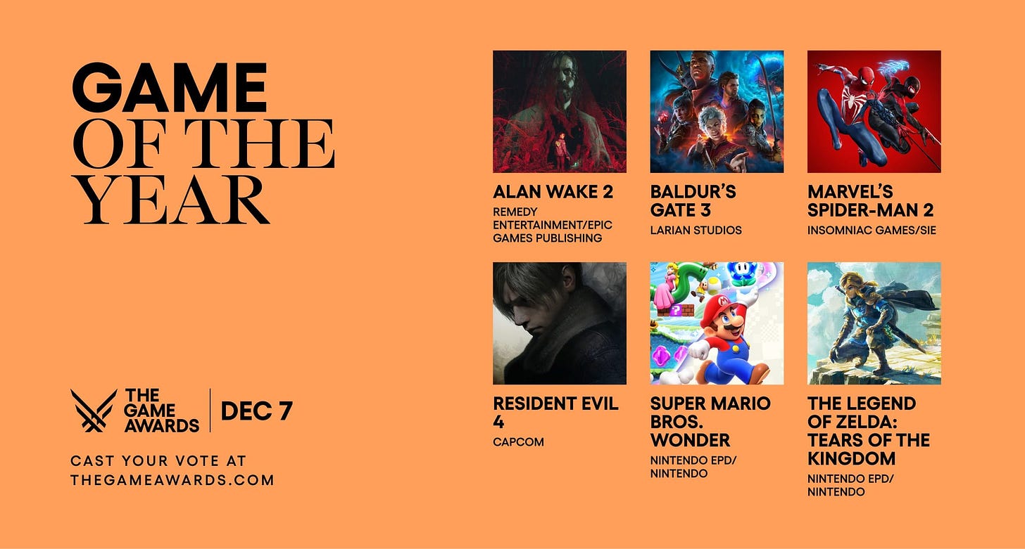 Tom Warren on X: "Game Awards 2023 GOTY nominees are out: • Alan Wake 2 •  Baldur's Gate 3 • Spider-Man 2 • Resident Evil 4 • Super Mario Bros. Wonder  •