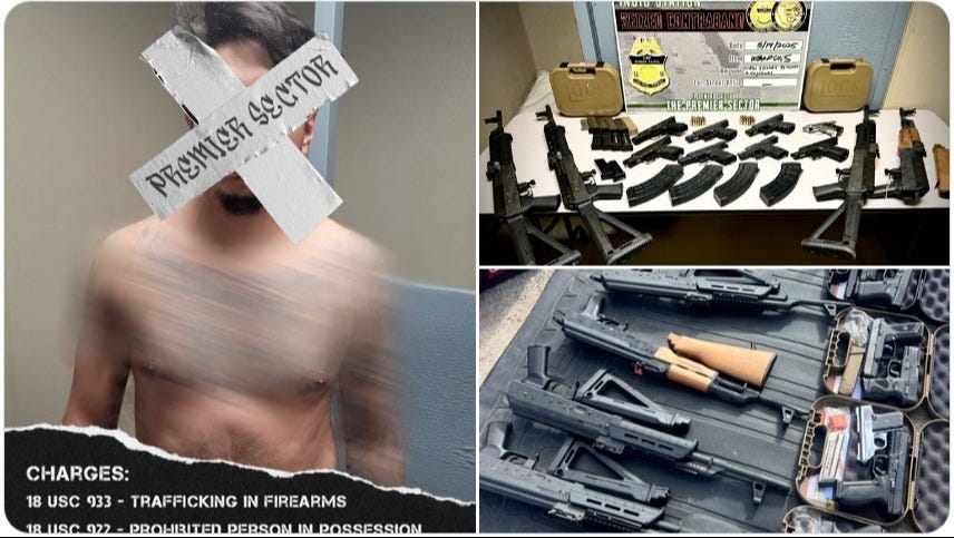 This smuggler was arrested while carrying 4 AK-style rifles, 8 handguns, 4 high-capacity mags, 12 pistol mags, & 50 rounds of ammo. This smuggler was arrested while carrying 4 AK-style rifles, 8 handguns, 4 high-capacity mags, 12 pistol mags, & 50 rounds of ammo.