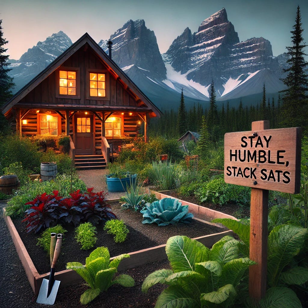 A cozy rustic cabin with glowing windows surrounded by a small vibrant vegetable garden in the foreground. In the background, towering snow-capped mountains rise majestically under a soft twilight sky. The scene conveys warmth and tranquility, with a wooden sign near the garden that reads 'Stay humble, Stack sats' carved into it. The setting includes lush greenery and subtle details like garden tools leaning against the cabin.