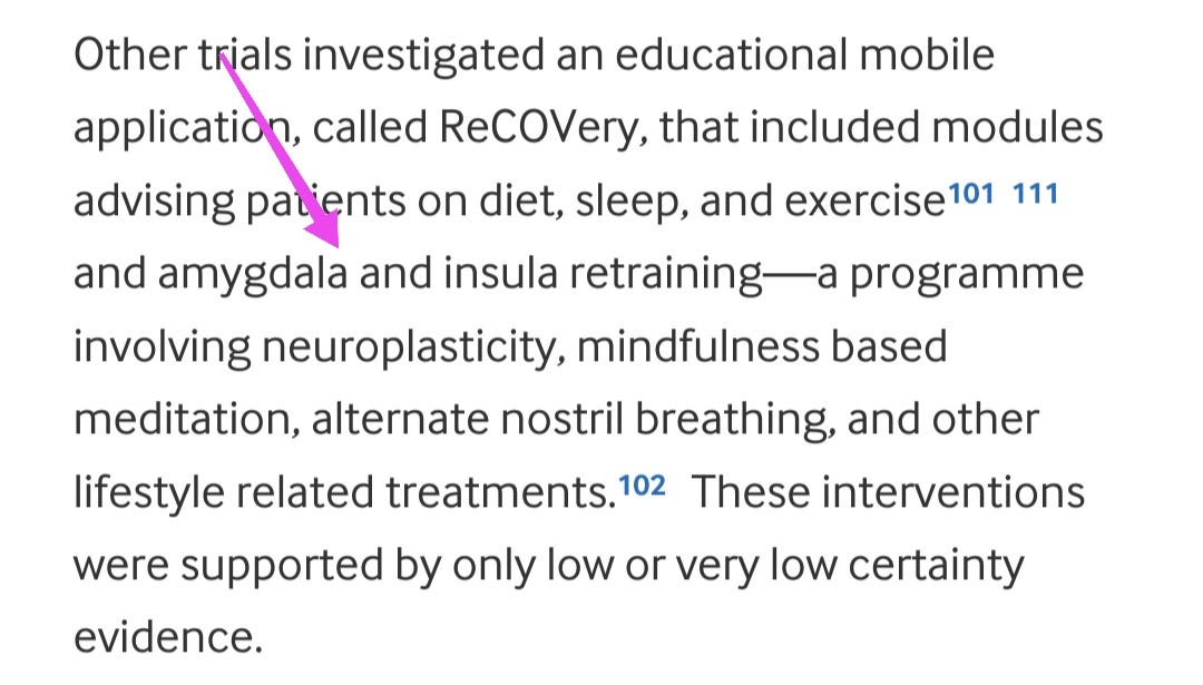 Other trials investigated an educational mobile application, called ReCOVery, that included modules advising patients on diet, sleep, and exercise101111 and amygdala and insula retraining—a programme involving neuroplasticity, mindfulness based meditation, alternate nostril breathing, and other lifestyle related treatments.102 These interventions were supported by only low or very low certainty evidence.