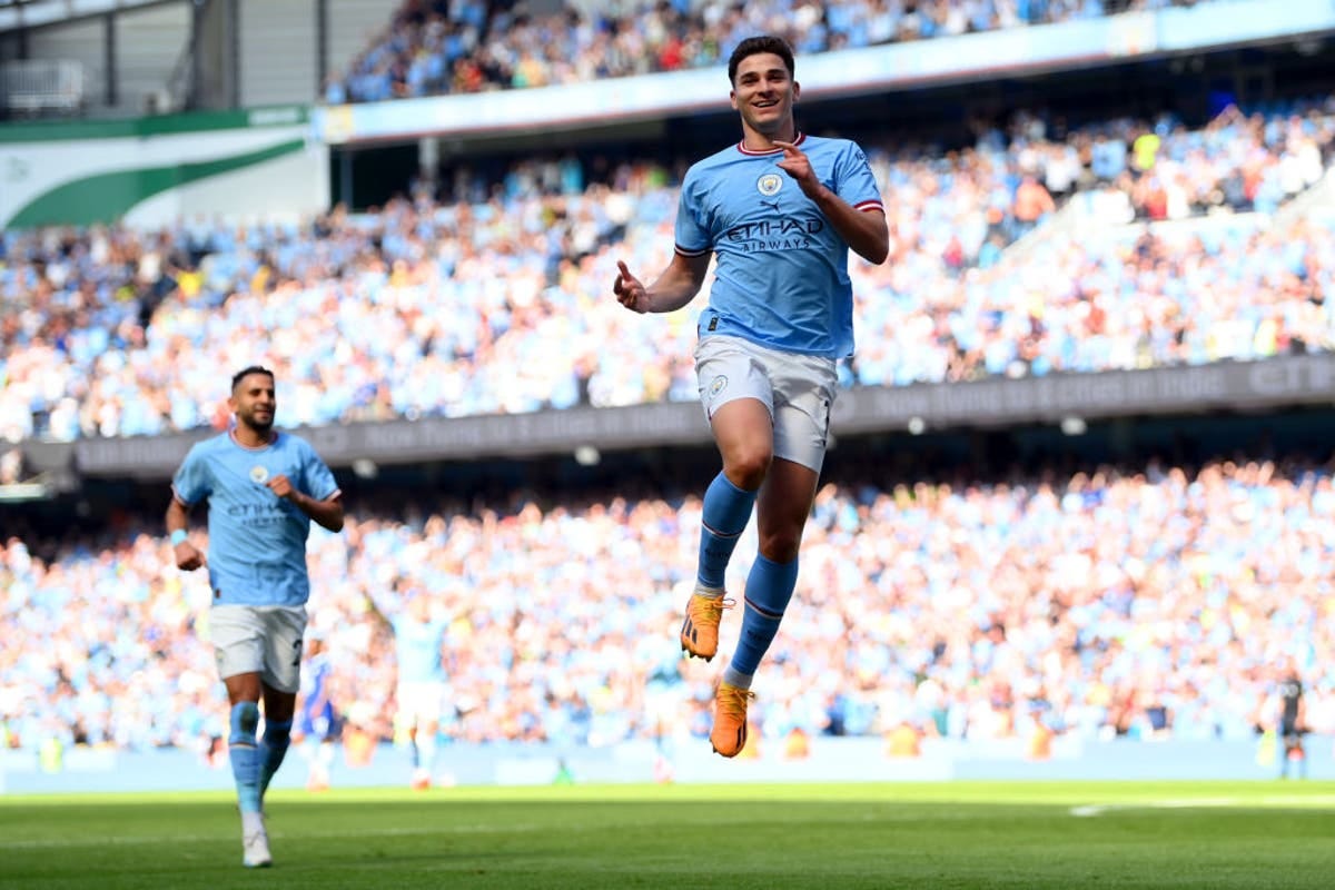 Man City's Julian Alvarez celebrating his goal against Chelsea Man City's Julian Alvarez celebrating his goal against Chelsea