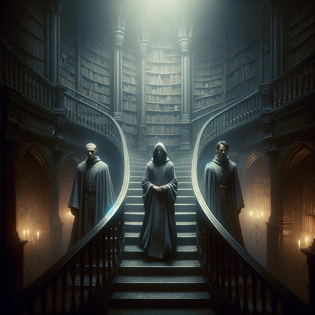 Two men and a woman, each dressed in elegant grey ceremonial robes, are ascending a dimly lit, spiraling staircase. This staircase, shrouded in shadows, winds through a barely visible, ancient library filled with arcane books and mystical artifacts. The ambiance is more secluded, with the surroundings fading into darkness, emphasizing the mysterious journey. The only source of light is a faint, ethereal glow that barely illuminates their path, casting long shadows and creating an atmosphere of deep mystery and secrecy. Their solemn faces reflect a profound dedication to their quest, with only the outlines of arcane symbols and shimmering magical energy hinting at the environment around them.
