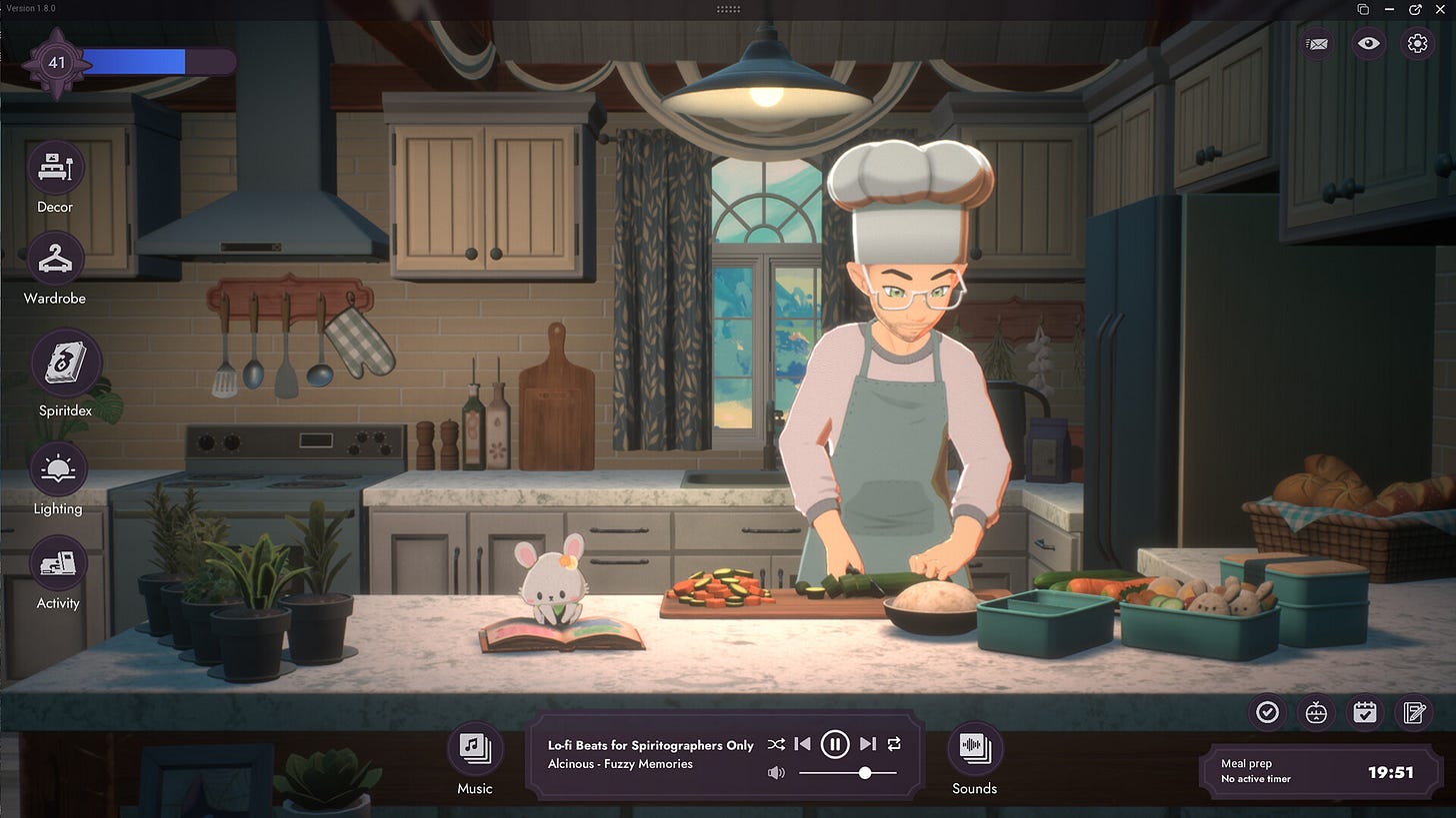 Screenshot from Spirit City: Lofi Sessions - Cozy Kitchen DLC where a male chef is preparing ingredients and a little critter in reading a recipe book