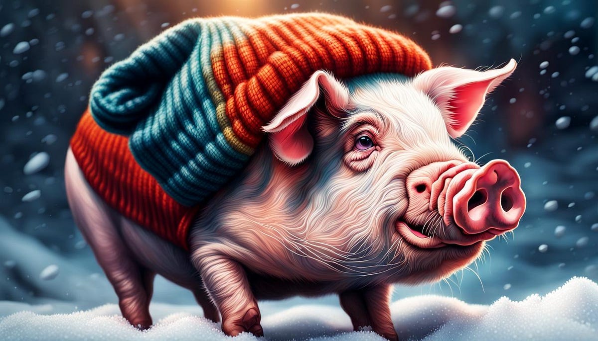 Pig in snow, wearing a woollen beanie