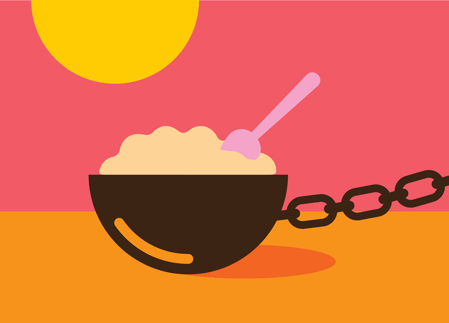 Graphic of a bowl of porridge in the style of a ball and chain