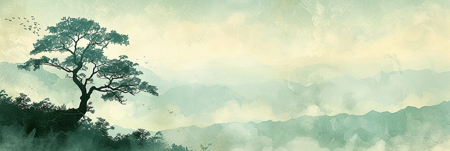 A digital art piece depicts a tree on a high cliff against a misty backdrop of layered mountains. The soft green and beige tones blend together, creating a tranquil and expansive atmosphere as birds soar across the sky in the distance.