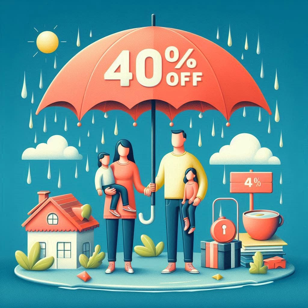Una imagen imaginativa que represente un descuento del 40% en seguros de vida. Podría incluir elementos como un paraguas gigante protegiendo a una familia bajo la lluvia, con un cartel que dice '40% de descuento'.