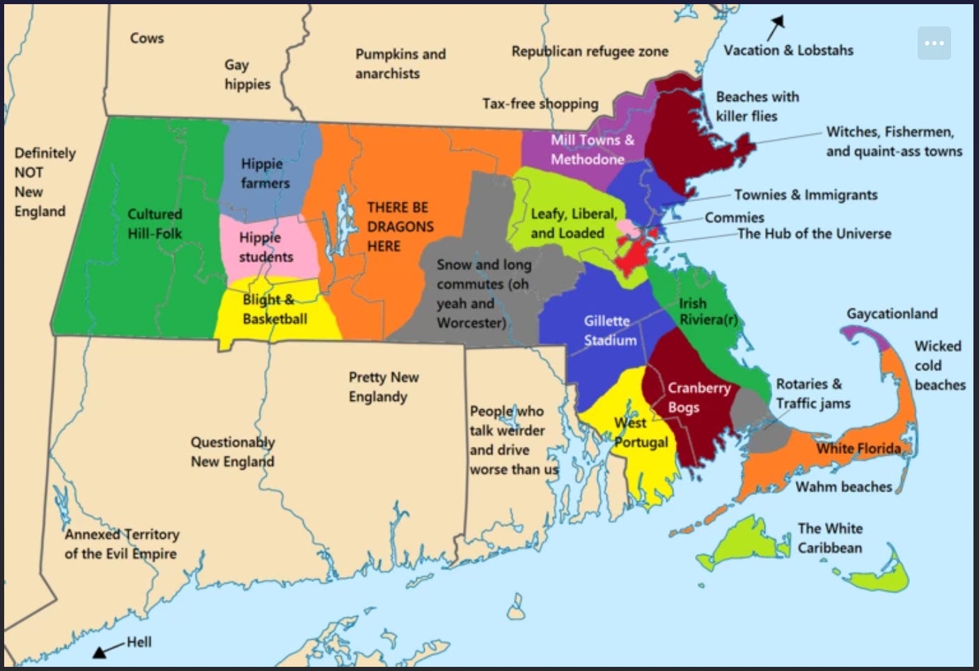 A satirical map of the state of Massachusetts with many labels replacing town and state names on it.