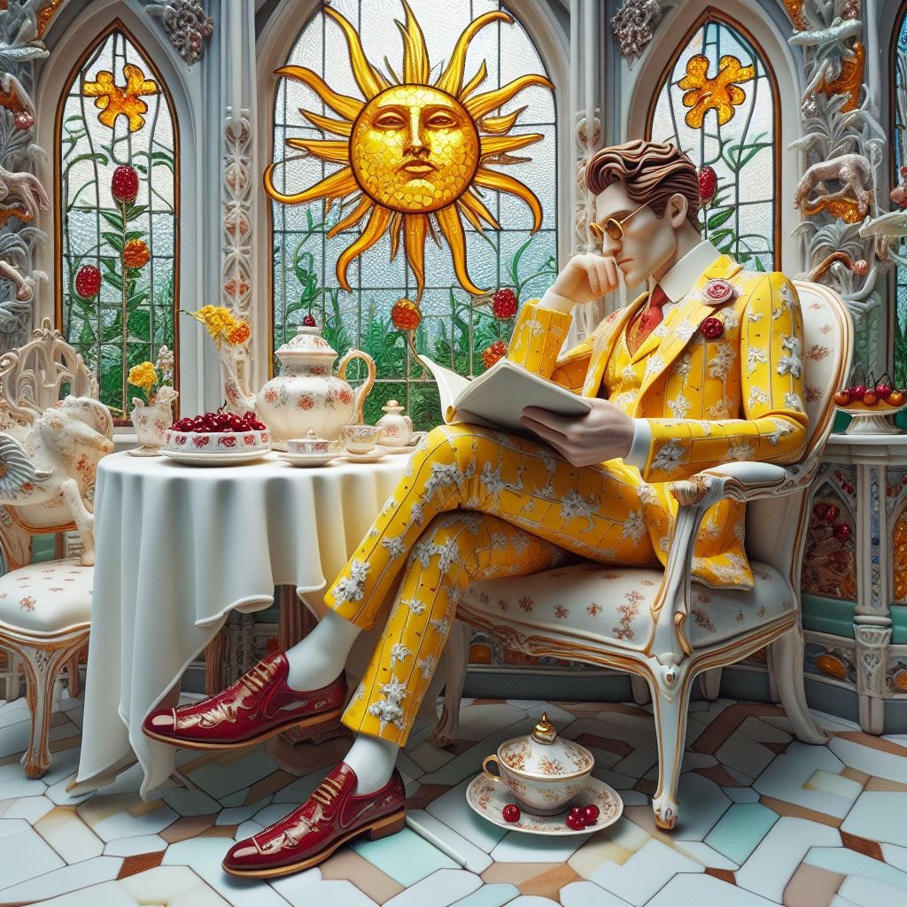 Hyper realistic;made of cake: Heroic man in Yellow and cream Primrose print suit with redbrown itallian shoes. He is reading a book by a window. Fine bone china white withgreen dragons, tea set on the table. ivory table cloth with red cherries. with coral Quatrefoil: silver metal Gothic Tracery: Louver gold and opal decorative ceiling tiles. Hundertwasserhaus, Vienna, Austria:  ..Vast distance.  resin sun . Radiant.Ethereal