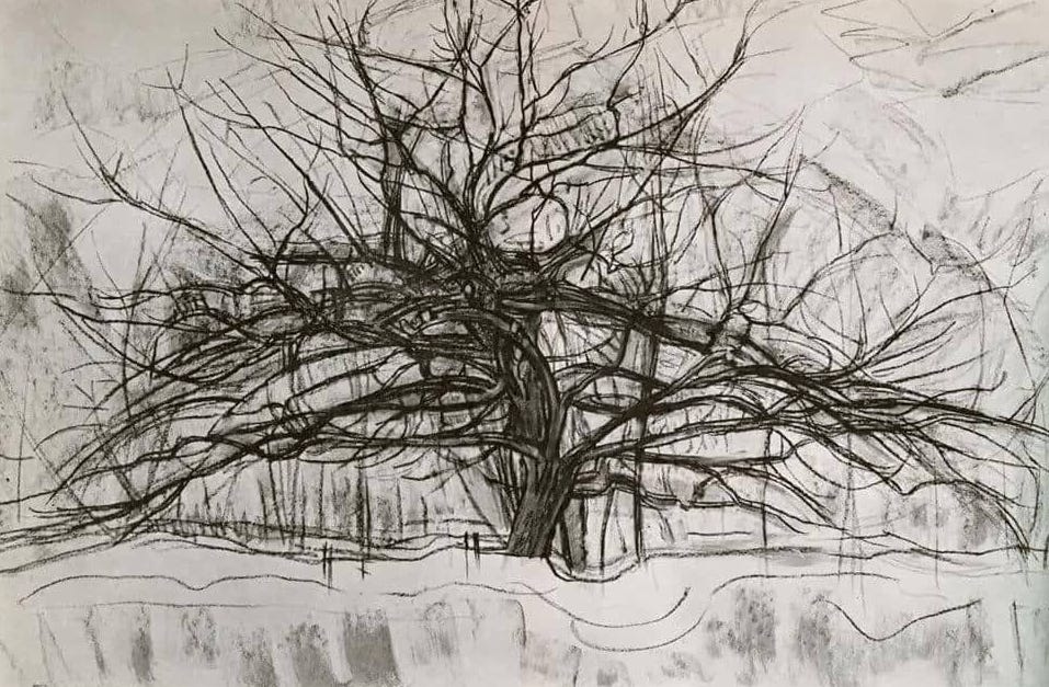 Piet Mondrian painting, Tree II, which shows a sprawling number of branches spreading in all directions.