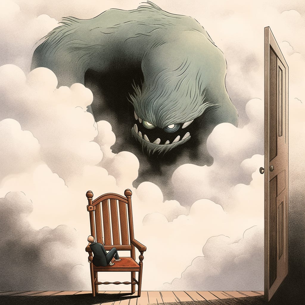 A person is sitting in a chair, thinking. There is a cloud above their head, and in the cloud is a picture of a lovely monster, in the style of Monstrous SA, knocking on a door. The monster is big and strong. The door is wooden and old, and it is shaking under the monster's blows. The person is sitting in a chair in the middle of a classroom.