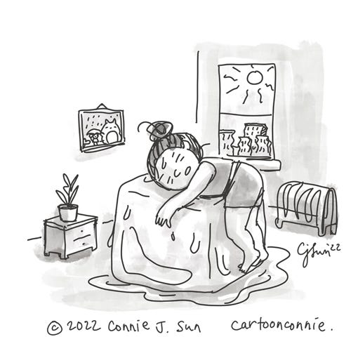 Heat Wave Ice Fantasy Single-panel wordless comic of a cartoon girl with a bun, at home, hugging a giant block of ice, in a heatwave. Outside the window, the sun is on full blast and the city is a mirage. Illustration by Connie Sun, cartoonconnie, 2022.