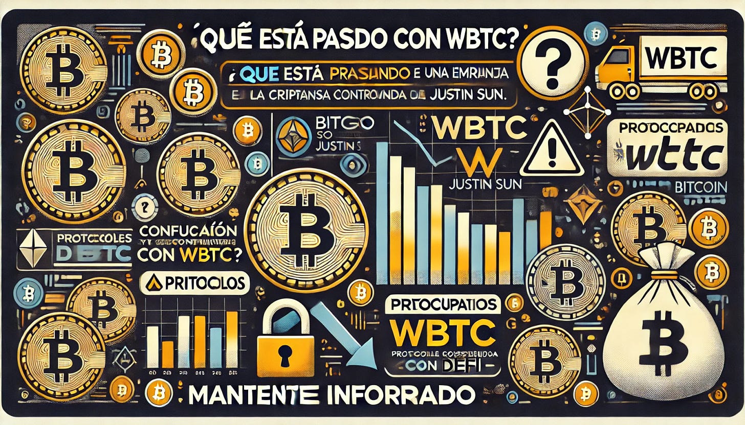 Haz un banner con estos datos:  Título: "¿Qué está pasando con WBTC?" Subtítulo: "Confusión y controversia en el mundo de las criptomonedas" Elementos visuales: Imagen de fondo: Gráficos de criptomonedas o una representación visual de Bitcoin. Iconos: Un símbolo de advertencia ⚠️ para representar la preocupación. Un gráfico en descenso 📉 para mostrar la incertidumbre. Un candado 🔒 para simbolizar la seguridad y la custodia. Texto principal: "BitGo transfiere el control de WBTC a una empresa conjunta con Justin Sun." "Preocupaciones sobre la confianza y el impacto en DeFi." "Protocolos DeFi reconsideran su relación con WBTC." Llamado a la acción: "Mantente informado sobre los cambios en el ecosistema cripto." Este prompt puede servirte como guía para diseñar un banner atractivo e informativo que capture la esencia de la situación actual de WBTC. ¡Espero que te sea útil!