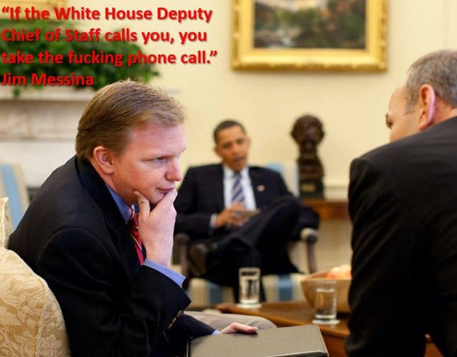 alt= Jim Messina speaking with someone in the White House.