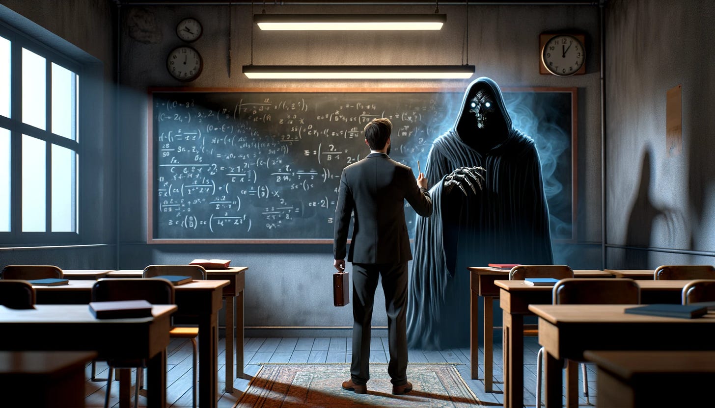The image illustrating a professor who is afraid of the AI Bogeyman lurking in the corner of his classroom has been created. You can see the tension and fear captured in the scene with the professor and the ominous silhouette of the AI Bogeyman.